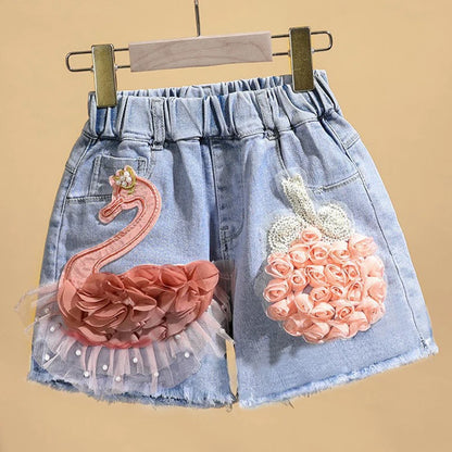 Baby Girl's Summer Cotton Denim Shorts/ Pants.   Toddler Kids,  Cute Swan Flower,  Soft Jeans for Teenage Girls.