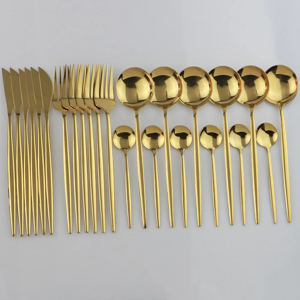 24pcs Gold Dinnerware, Stainless Steel Tableware,  Set with Knife, Fork,  Spoon, Flatware Set, Dishwasher Safe, Silverware Cutlery Set