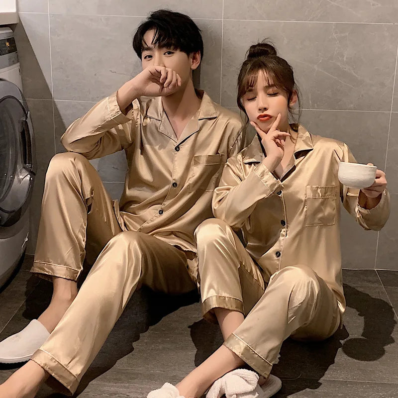 Solid Color Sleepwear Silk Satin Pajamas Couple Set Long Button-Down Pyjamas Suit Pijama Women/ Men Loungewear Plus Size Pj Set