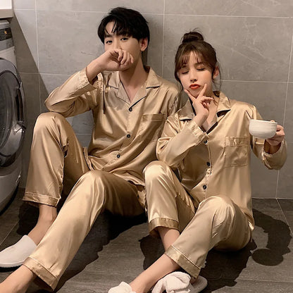 Solid Color Sleepwear Silk Satin Pajamas Couple Set Long Button-Down Pyjamas Suit Pijama Women/ Men Loungewear Plus Size Pj Set