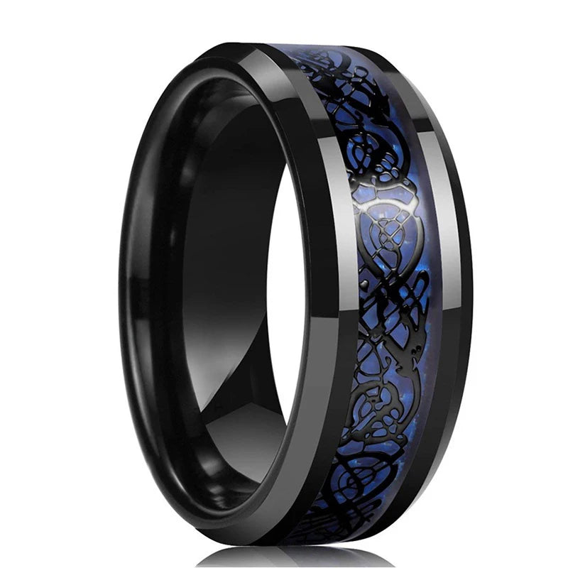 Fashion 8mm Red Groove Beveled Edge Stainless Steel Celtic Dragon Rings.  Perfect for FATHERS DAY with Zircon Inlay, Carbon Fibre Ring for Mens Wedding Band, Couples Gift