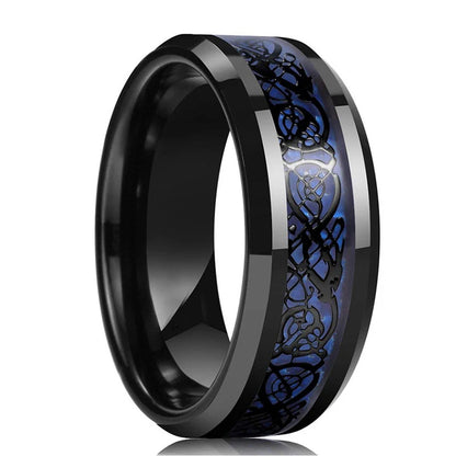 Fashion 8mm Red Groove Beveled Edge Stainless Steel Celtic Dragon Rings.  Perfect for FATHERS DAY with Zircon Inlay, Carbon Fibre Ring for Mens Wedding Band, Couples Gift