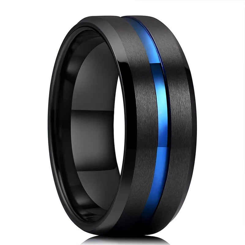 Fashion 8mm Red Groove Beveled Edge Stainless Steel Celtic Dragon Rings.  Perfect for FATHERS DAY with Zircon Inlay, Carbon Fibre Ring for Mens Wedding Band, Couples Gift
