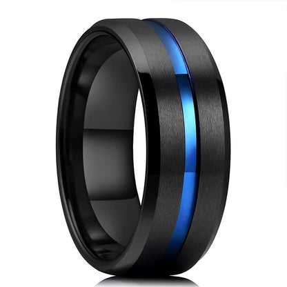 Fashion 8mm Red Groove Beveled Edge Stainless Steel Celtic Dragon Rings.  Perfect for FATHERS DAY with Zircon Inlay, Carbon Fibre Ring for Mens Wedding Band, Couples Gift