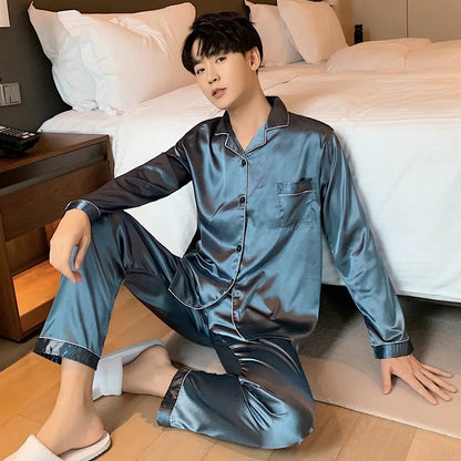 Solid Color Sleepwear Silk Satin Pajamas Couple Set Long Button-Down Pyjamas Suit Pijama Women/ Men Loungewear Plus Size Pj Set