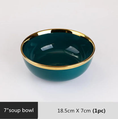 Luxury Forest Green Ceramic Dinnerware Set,  Including  Shallow Plates,  Rice,  Soup Bowls,  Fish,  Dish And Spoon