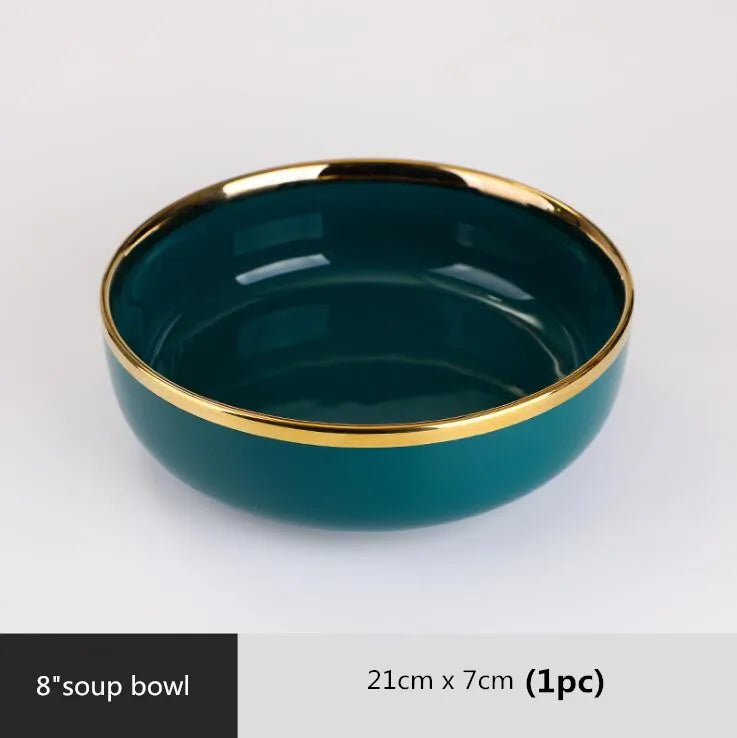 Luxury Forest Green Ceramic Dinnerware Set,  Including  Shallow Plates,  Rice,  Soup Bowls,  Fish,  Dish And Spoon