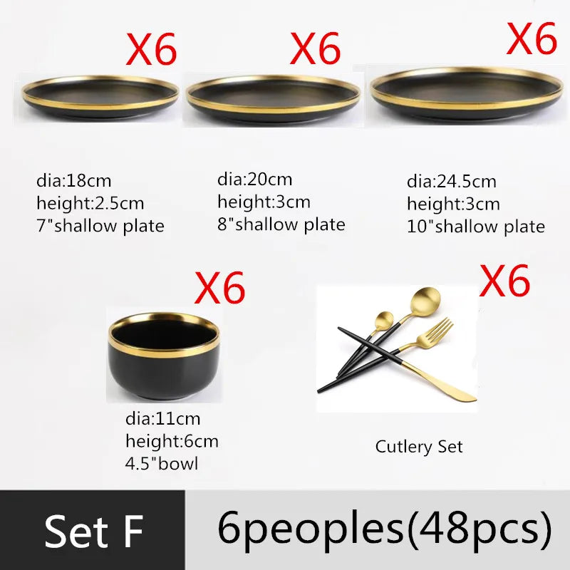 Gilt Rim Black Porcelain Dinner Plates,  Kitchen Dishes,  Ceramics,  Tableware Food Tray,  Rice, Salad, Noodles Bowl , Cutlery Set