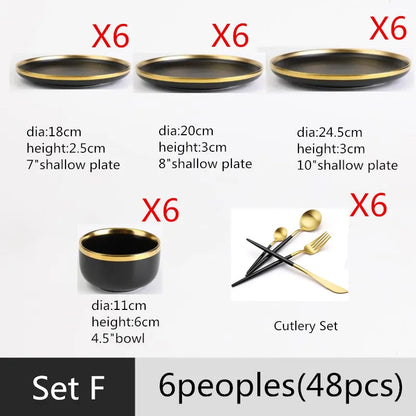Gilt Rim Black Porcelain Dinner Plates,  Kitchen Dishes,  Ceramics,  Tableware Food Tray,  Rice, Salad, Noodles Bowl , Cutlery Set
