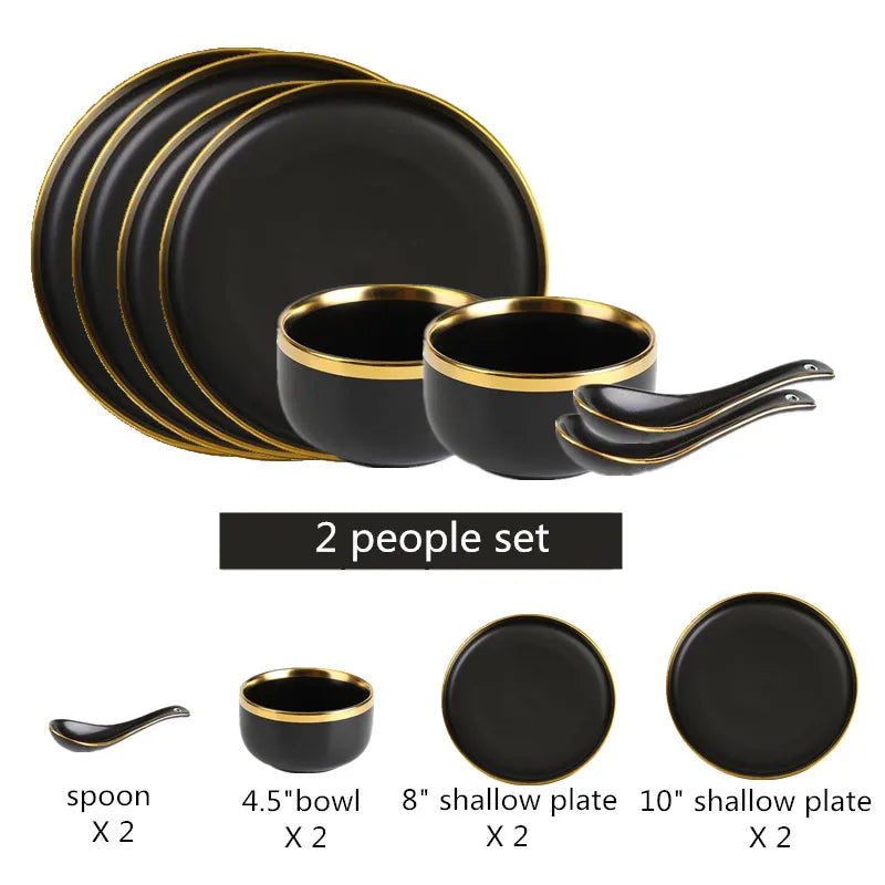 Gilt Rim Black Porcelain Dinner Plates,  Kitchen Dishes,  Ceramics,  Tableware Food Tray,  Rice, Salad, Noodles Bowl , Cutlery Set