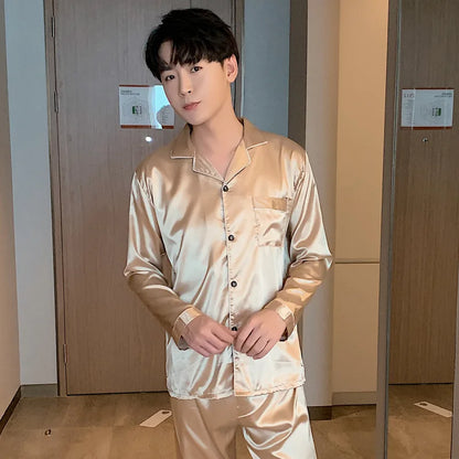 Solid Color Sleepwear Silk Satin Pajamas Couple Set Long Button-Down Pyjamas Suit Pijama Women/ Men Loungewear Plus Size Pj Set