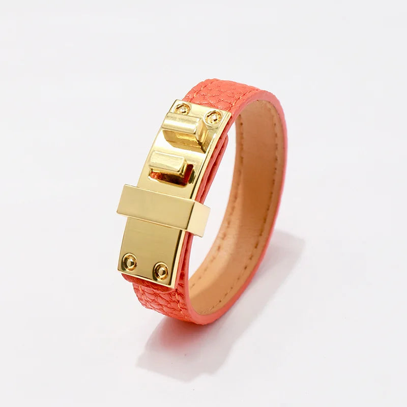 Lychee Pattern,  Glossy Bracelets.   Belt Buckle PU Leather for Women / Men.   Multicolor Couple Bangles. Fashion Top Jewelry.  Great Looking Bracelet. As I write, All Colors are Good EXCEPT BLACK.