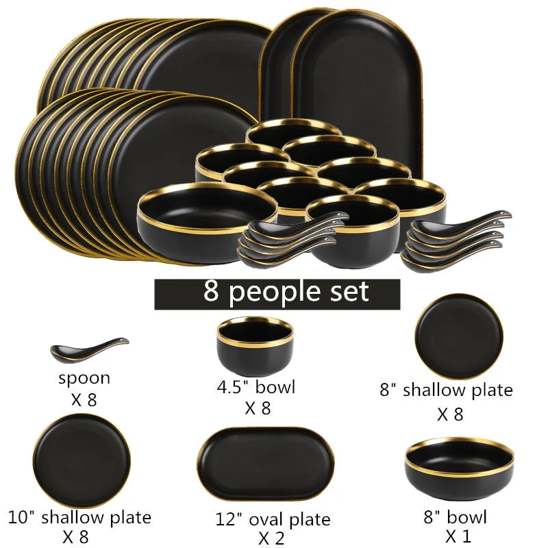 Gilt Rim Black Porcelain Dinner Plates,  Kitchen Dishes,  Ceramics,  Tableware Food Tray,  Rice, Salad, Noodles Bowl , Cutlery Set