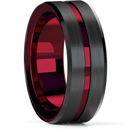 Fashion 8mm Red Groove Beveled Edge Stainless Steel Celtic Dragon Rings.  Perfect for FATHERS DAY with Zircon Inlay, Carbon Fibre Ring for Mens Wedding Band, Couples Gift