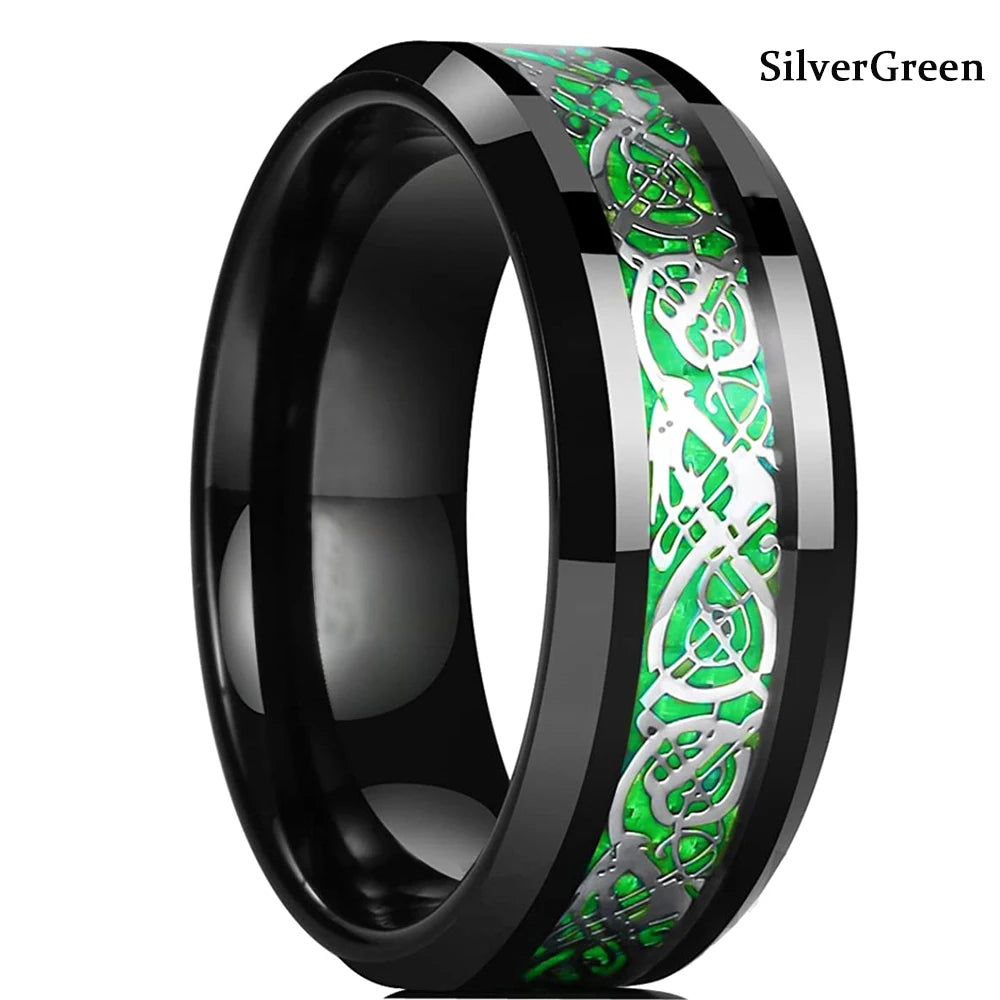 Fashion 8mm Red Groove Beveled Edge Stainless Steel Celtic Dragon Rings.  Perfect for FATHERS DAY with Zircon Inlay, Carbon Fibre Ring for Mens Wedding Band, Couples Gift