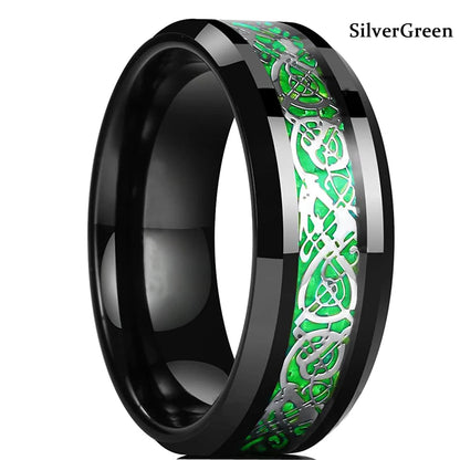 Fashion 8mm Red Groove Beveled Edge Stainless Steel Celtic Dragon Rings.  Perfect for FATHERS DAY with Zircon Inlay, Carbon Fibre Ring for Mens Wedding Band, Couples Gift