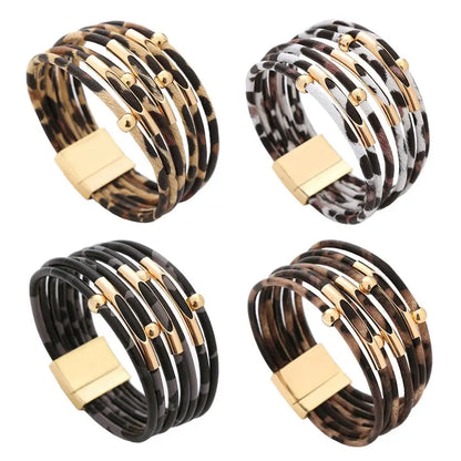 Vintage Metal Tube, LIGHT Leopard Leather and DARK Leather Leopard Bracelets for Women /Men.  Retro MultiLayer Bracelets & Bangles with  Charms.  Jewelry Gifts