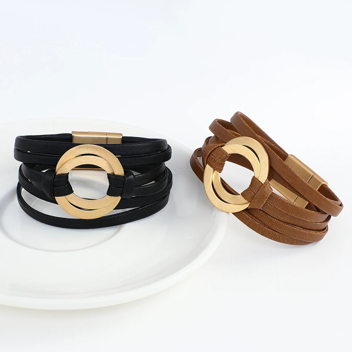 Genuine Leather Bracelets for Women/ Men Fashion.   Round Hollow Circles Charm Wrap Bracelet Bangle Female Jewelry Gifts.  BROWN is gone.  The other 3 colors are good to go.  BLACK//GREEN//GRAY, OK!!!  7.8 inches on this bra