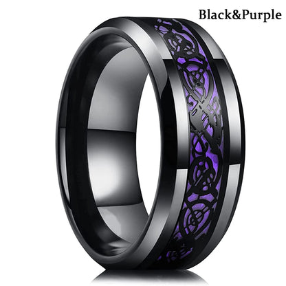 Fashion 8mm Red Groove Beveled Edge Stainless Steel Celtic Dragon Rings.  Perfect for FATHERS DAY with Zircon Inlay, Carbon Fibre Ring for Mens Wedding Band, Couples Gift