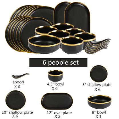 Gilt Rim Black Porcelain Dinner Plates,  Kitchen Dishes,  Ceramics,  Tableware Food Tray,  Rice, Salad, Noodles Bowl , Cutlery Set