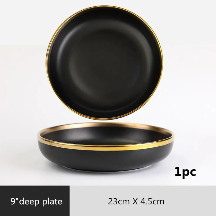 Gilt Rim Black Porcelain Dinner Plates,  Kitchen Dishes,  Ceramics,  Tableware Food Tray,  Rice, Salad, Noodles Bowl , Cutlery Set