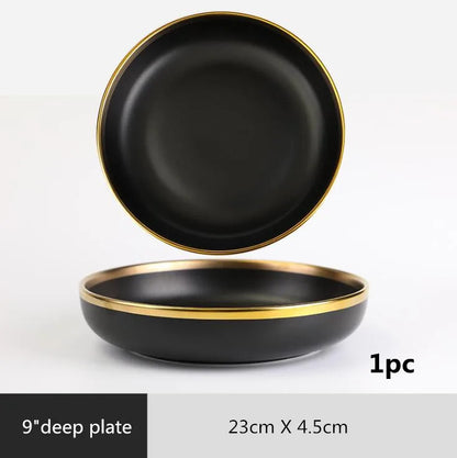 Gilt Rim Black Porcelain Dinner Plates,  Kitchen Dishes,  Ceramics,  Tableware Food Tray,  Rice, Salad, Noodles Bowl , Cutlery Set