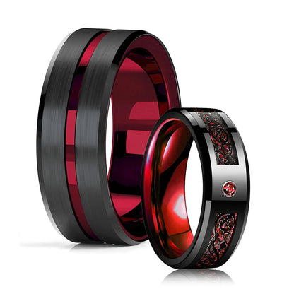 Fashion 8mm Red Groove Beveled Edge Stainless Steel Celtic Dragon Rings.  Perfect for FATHERS DAY with Zircon Inlay, Carbon Fibre Ring for Mens Wedding Band, Couples Gift