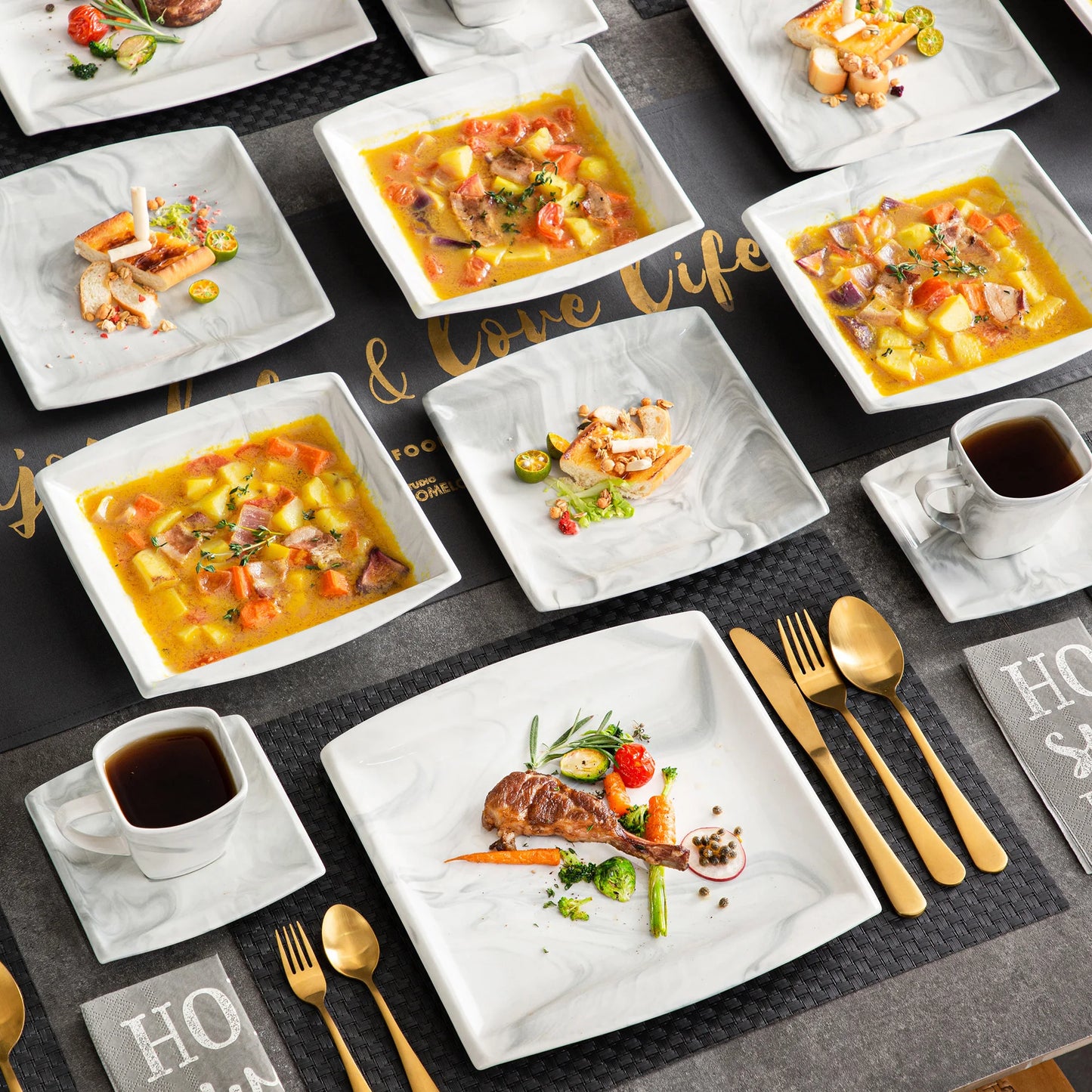 30/60PCS Marble Grey Porcelain Tableware.  Dinnerware Set with 6PCS,  Dessert/Soup/Dinner Plate/Cup/Saucer,Service for 12