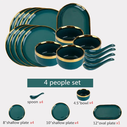 Luxury Forest Green Ceramic Dinnerware Set,  Including  Shallow Plates,  Rice,  Soup Bowls,  Fish,  Dish And Spoon