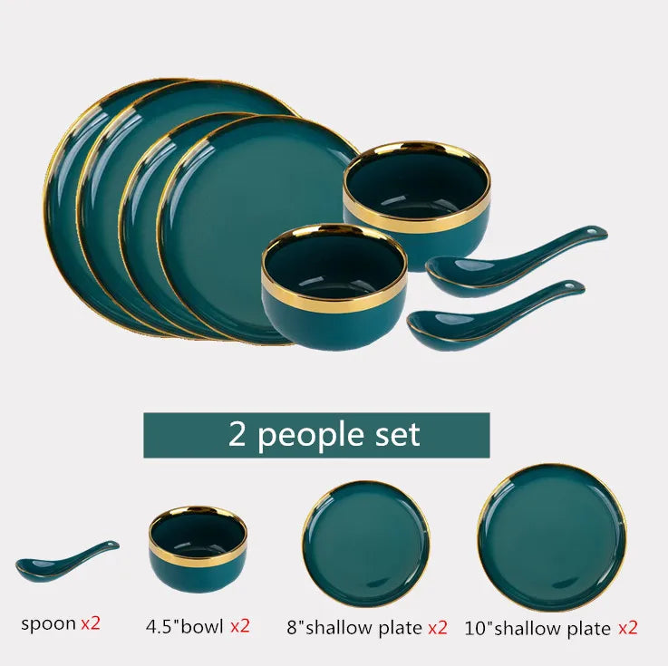 Luxury Forest Green Ceramic Dinnerware Set,  Including  Shallow Plates,  Rice,  Soup Bowls,  Fish,  Dish And Spoon