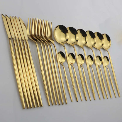 24pcs Gold Dinnerware, Stainless Steel Tableware,  Set with Knife, Fork,  Spoon, Flatware Set, Dishwasher Safe, Silverware Cutlery Set