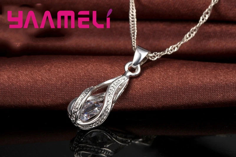Hot Water Drop CZ 925 Sterling Silver Plated Jewelry Set For Women.  Pendant Necklace,  Hoop Earrings, Wedding gifts, MOTHERS DAY Gifts