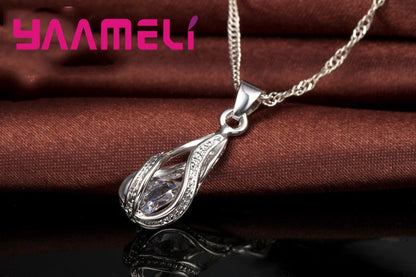 Hot Water Drop CZ 925 Sterling Silver Plated Jewelry Set For Women.  Pendant Necklace,  Hoop Earrings, Wedding gifts, MOTHERS DAY Gifts