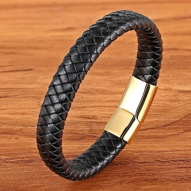 Classic Top quality Stainless Steel Gold /Silver Color Magnetic Clasps, Brown /Black Woven Real Leather Bracelet, UNISEX, Nice  Gifts.i I see 3 sizes  in the description, in cm's,  Get inches from your cell phone.!!!   Very