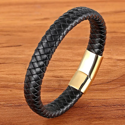 Classic Top quality Stainless Steel Gold /Silver Color Magnetic Clasps, Brown /Black Woven Real Leather Bracelet, UNISEX, Nice  Gifts.i I see 3 sizes  in the description, in cm's,  Get inches from your cell phone.!!!   Very