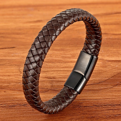 Classic Top quality Stainless Steel Gold /Silver Color Magnetic Clasps, Brown /Black Woven Real Leather Bracelet, UNISEX, Nice  Gifts.i I see 3 sizes  in the description, in cm's,  Get inches from your cell phone.!!!   Very