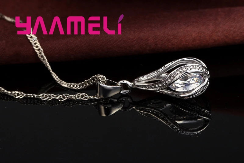Hot Water Drop CZ 925 Sterling Silver Plated Jewelry Set For Women.  Pendant Necklace,  Hoop Earrings, Wedding gifts, MOTHERS DAY Gifts