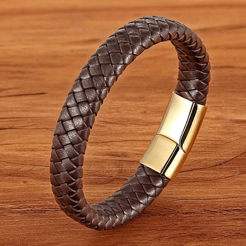 Classic Top quality Stainless Steel Gold /Silver Color Magnetic Clasps, Brown /Black Woven Real Leather Bracelet, UNISEX, Nice  Gifts.i I see 3 sizes  in the description, in cm's,  Get inches from your cell phone.!!!   Very