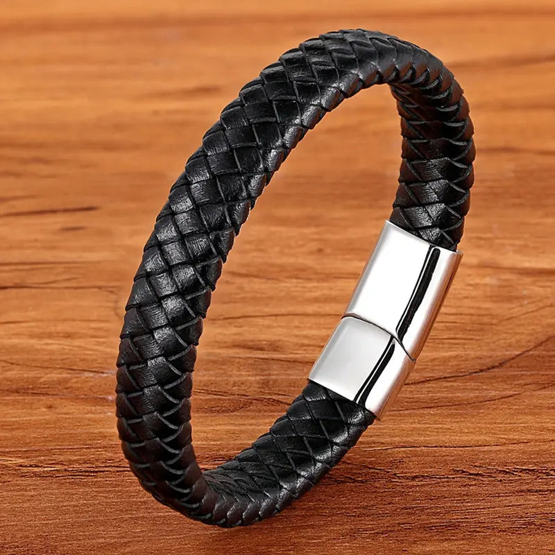 Classic Top quality Stainless Steel Gold /Silver Color Magnetic Clasps, Brown /Black Woven Real Leather Bracelet, UNISEX, Nice  Gifts.i I see 3 sizes  in the description, in cm's,  Get inches from your cell phone.!!!   Very