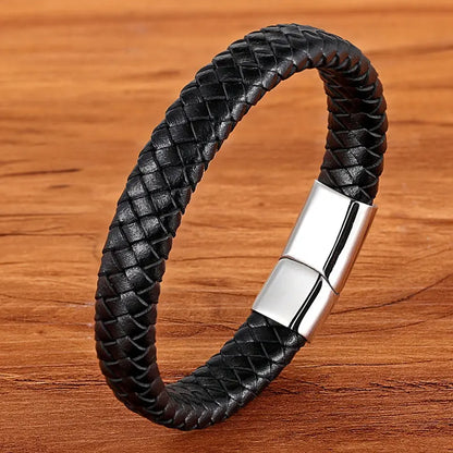 Classic Top quality Stainless Steel Gold /Silver Color Magnetic Clasps, Brown /Black Woven Real Leather Bracelet, UNISEX, Nice  Gifts.i I see 3 sizes  in the description, in cm's,  Get inches from your cell phone.!!!   Very