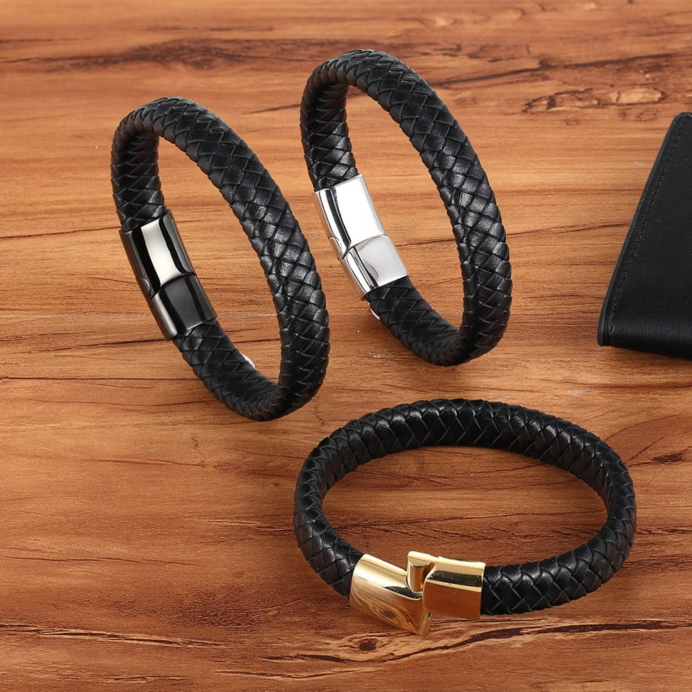 Classic Top quality Stainless Steel Gold /Silver Color Magnetic Clasps, Brown /Black Woven Real Leather Bracelet, UNISEX, Nice  Gifts.i I see 3 sizes  in the description, in cm's,  Get inches from your cell phone.!!!   Very