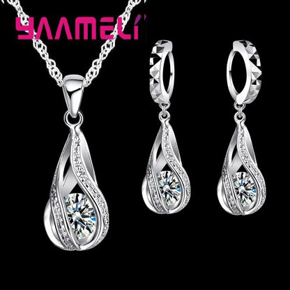 Hot Water Drop CZ 925 Sterling Silver Plated Jewelry Set For Women.  Pendant Necklace,  Hoop Earrings, Wedding gifts, MOTHERS DAY Gifts