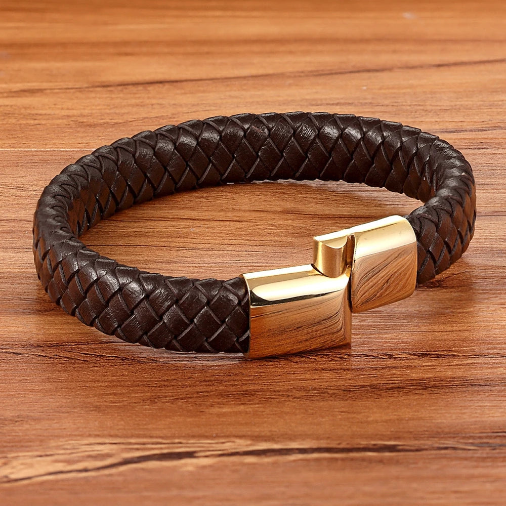 Classic Top quality Stainless Steel Gold /Silver Color Magnetic Clasps, Brown /Black Woven Real Leather Bracelet, UNISEX, Nice  Gifts.i I see 3 sizes  in the description, in cm's,  Get inches from your cell phone.!!!   Very