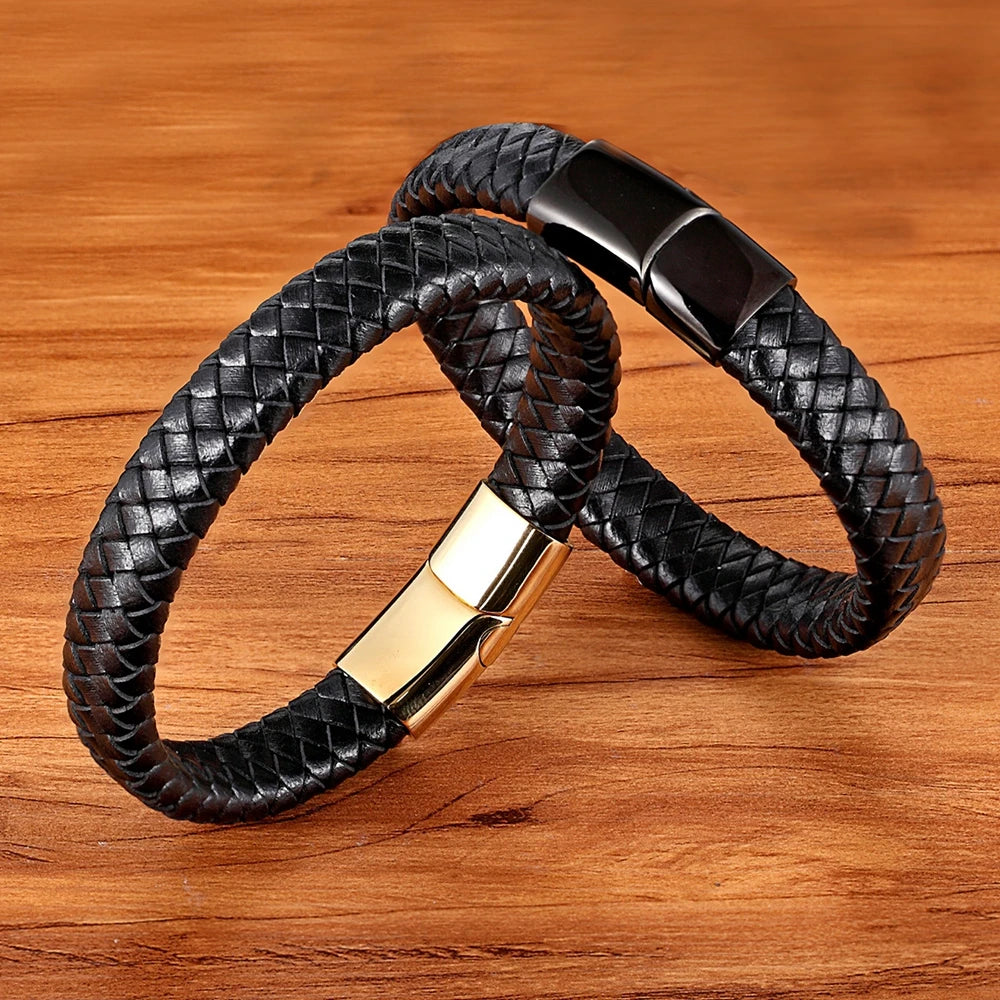 Classic Top quality Stainless Steel Gold /Silver Color Magnetic Clasps, Brown /Black Woven Real Leather Bracelet, UNISEX, Nice  Gifts.i I see 3 sizes  in the description, in cm's,  Get inches from your cell phone.!!!   Very