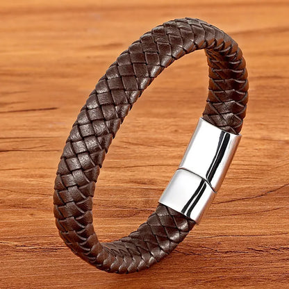 Classic Top quality Stainless Steel Gold /Silver Color Magnetic Clasps, Brown /Black Woven Real Leather Bracelet, UNISEX, Nice  Gifts.i I see 3 sizes  in the description, in cm's,  Get inches from your cell phone.!!!   Very