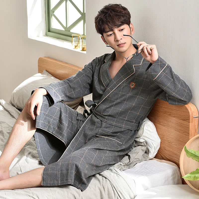 Spring/ Autumn Bathrobes,  Mens 100% Cotton sleep top,  Kimono Robes For Men.  Plaid Robes,  Long Bath Robe,   Brides Robe ,Dressing Gown