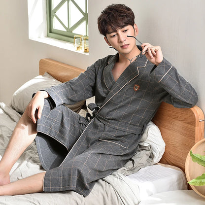 Spring/ Autumn Bathrobes,  Mens 100% Cotton sleep top,  Kimono Robes For Men.  Plaid Robes,  Long Bath Robe,   Brides Robe ,Dressing Gown