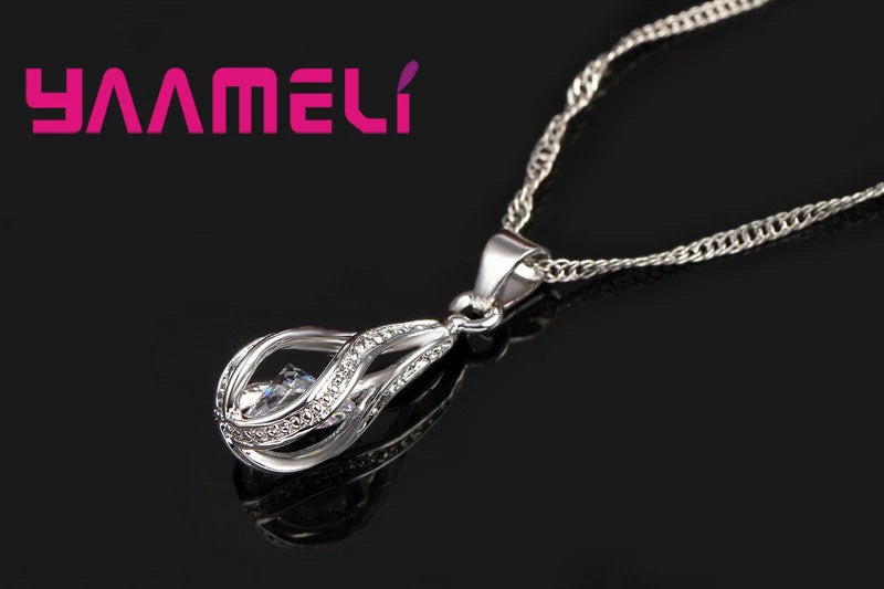 Hot Water Drop CZ 925 Sterling Silver Plated Jewelry Set For Women.  Pendant Necklace,  Hoop Earrings, Wedding gifts, MOTHERS DAY Gifts