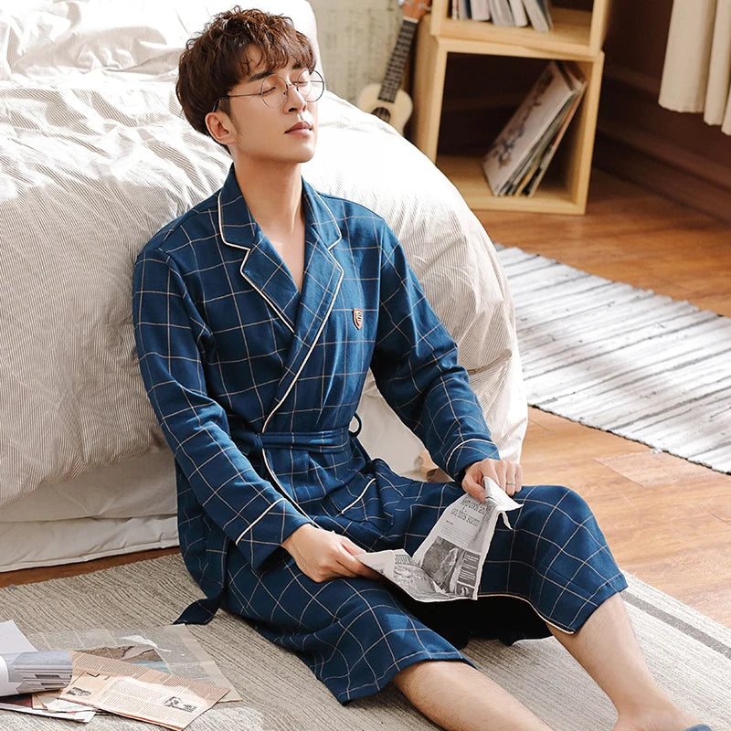 Spring/ Autumn Bathrobes,  Mens 100% Cotton sleep top,  Kimono Robes For Men.  Plaid Robes,  Long Bath Robe,   Brides Robe ,Dressing Gown