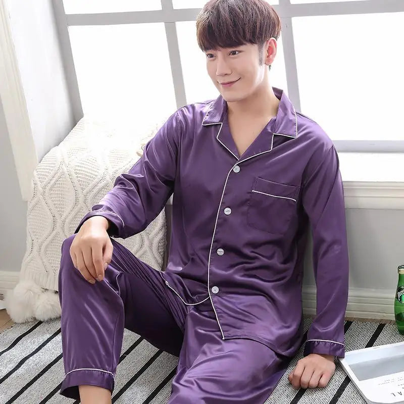 Solid Color Sleepwear Silk Satin Pajamas Couple Set Long Button-Down Pyjamas Suit Pijama Women/ Men Loungewear Plus Size Pj Set